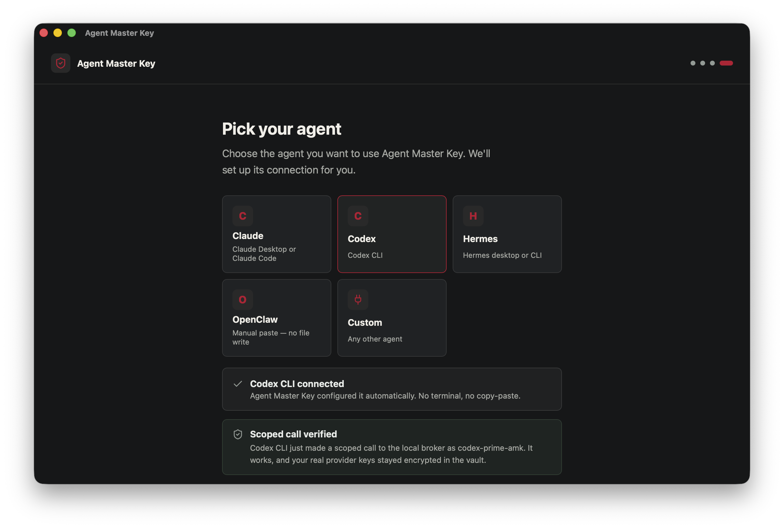 Agent Master Key showing a connected Codex agent